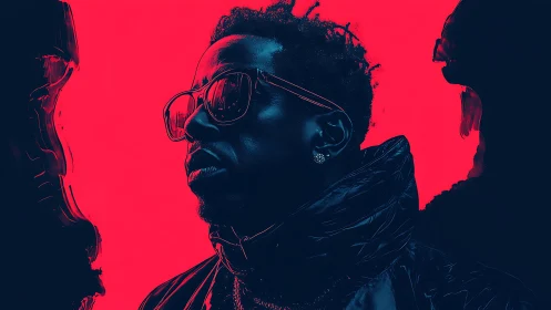 Stylized portrait of man in sunglasses on neon red backdrop.