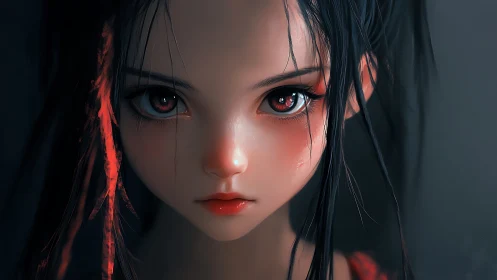 Intense close portrait of red lit anime girl character.