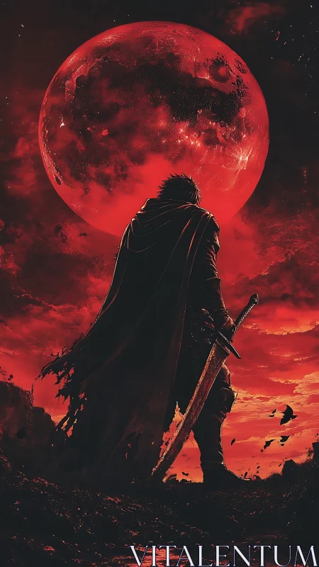 Blood moon crowns the lone swordsman in ember red sky