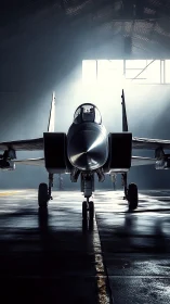Dramatic fighter jet rests in a quiet, light filled hangar
