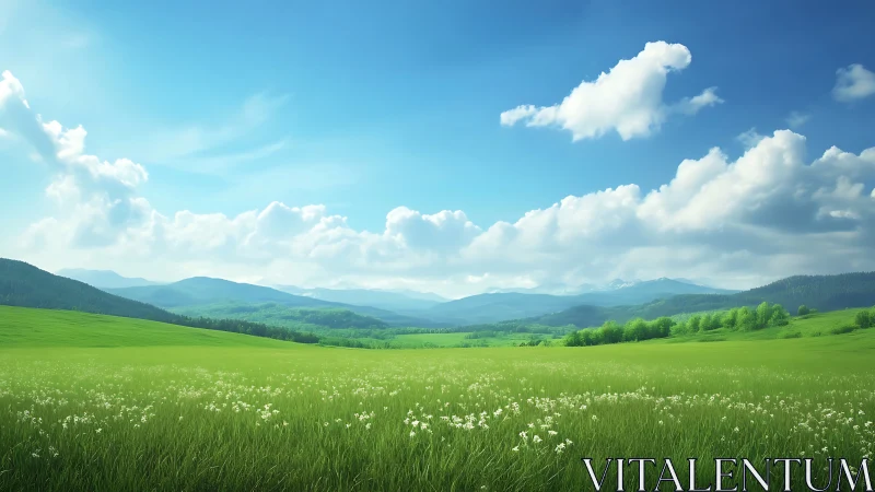 Gentle green meadow opens toward soft mountains and sky