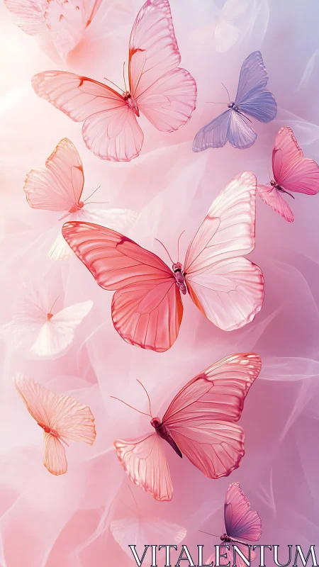 Pastel butterflies in translucent motion over pink haze.