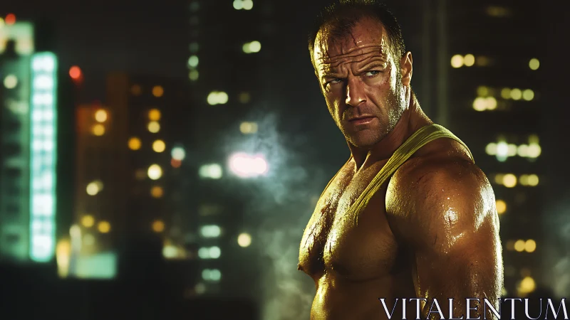 Muscular vigilante under neon city lights at moody night.