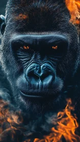 Fierce gorilla portrait glowing through smoke and fire.