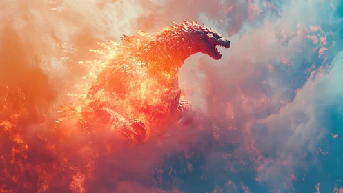 Molten kaiju silhouette emerging through infernal stormclouds