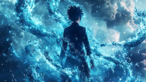 Stormlit hero stands within swirling cosmic water power