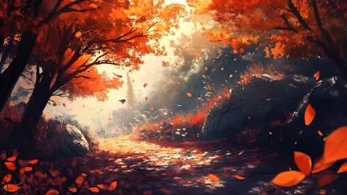 Sunlit forest path under vivid red and orange autumn canopy.