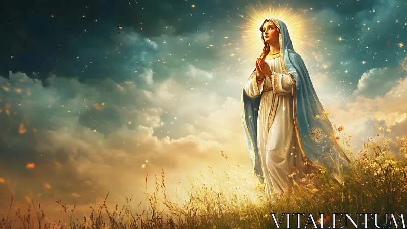 Radiant holy figure in blue mantle amid glowing celestial sky.