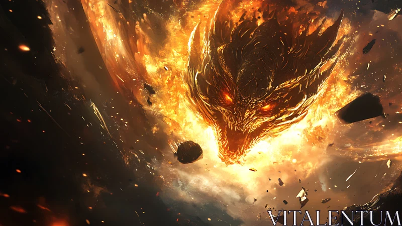 Fiery dragon head emerging from swirling molten flames.