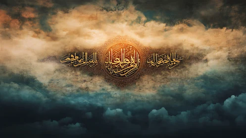 Arabic calligraphy emblem set against dramatic cloudscape.