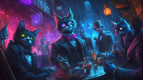 Neon-Soaked Feline Gathering in Cyberpunk Bar.