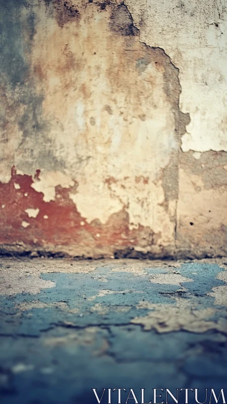 Peeling plaster wall meets cracked blue concrete floor