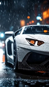 White supercar front in night rain with city bokeh lights