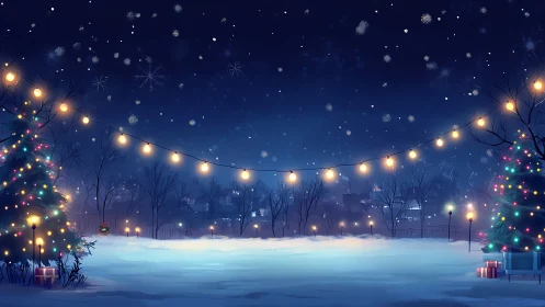 Snowy city park under glowing Christmas garlands at night.