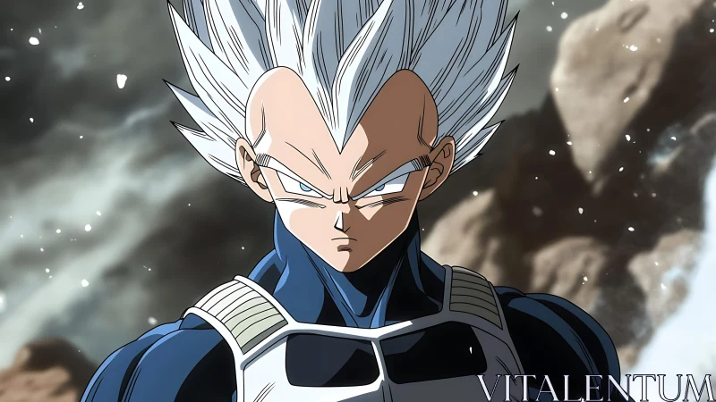 Intense white-haired anime warrior in armored battle stance.