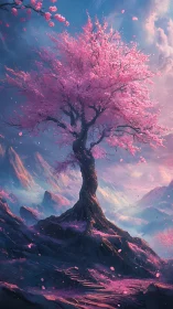 Enchanted Sakura tree crowned by drifting pastel blossoms.
