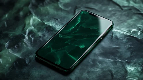 Emerald glass smartphone adrift on luminous digital tide.