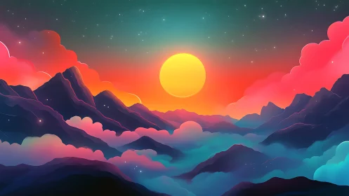 Vibrant stylized mountains under glowing sun at dusk.