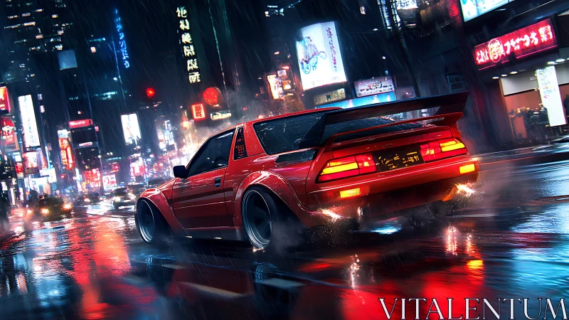 Red sports car drifting on wet neon city street at night.