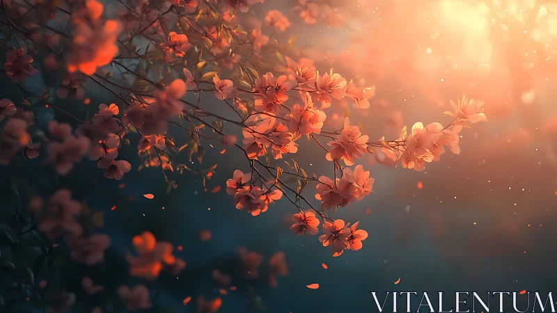 Sunlit cherry blossoms drift softly through glowing dusk air