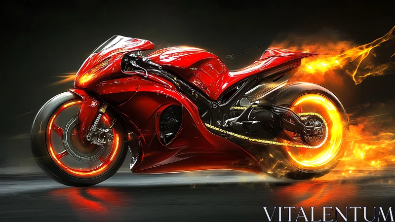 Aerodynamic red superbike with flaming motion-blurred wheels