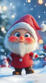 Cute Christmas gnome smiles under softly glowing snow lights.