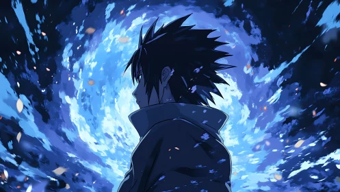 Stormlit anime wanderer pauses before a swirling blue sky