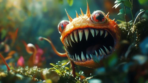 Orange forest monster with sharp teeth in lush foliage.