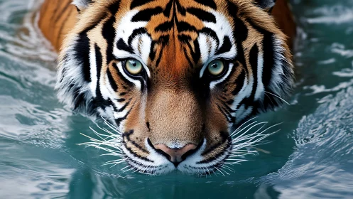 Tiger gaze in cool blue water, quiet power in motion.