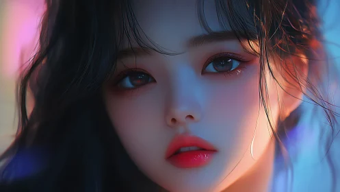 Neon twilight lingers inside her glass-smooth midnight gaze