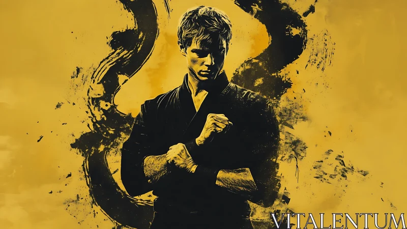 Martial artist silhouette emerges from ink-splatter dragon form