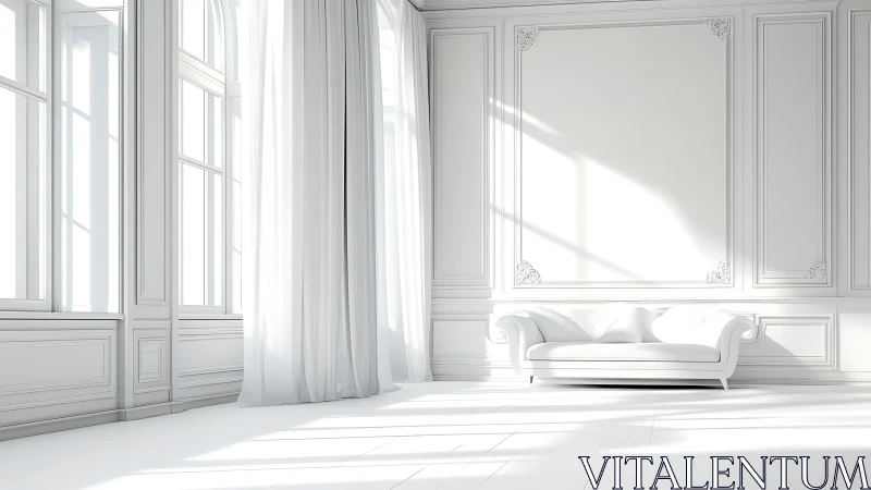 Sunlit white salon with neoclassical wall panels and sofa.