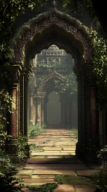 Digital painting of overgrown ornate temple arches in depth.
