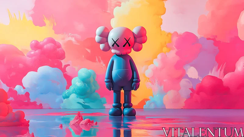 Toy-like blue figure stands before vivid pastel clouds