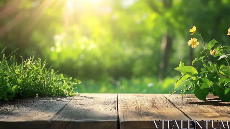 Wooden surface with grass and yellow flowers in sunlight.