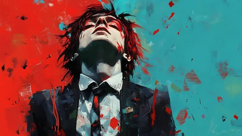 Defiant suited figure emerges between chaos and calm colors.