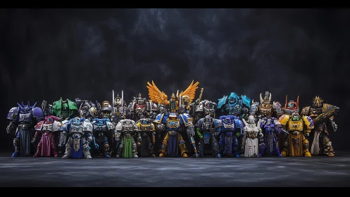 Colorful armored heroes gathered in a dramatic battle lineup.