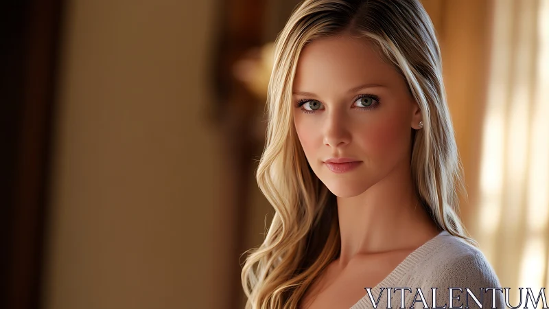 Soft-lit portrait of serene blonde woman in warm glow.