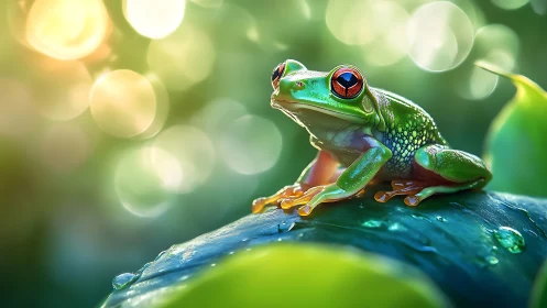 Vivid tree frog resting on dewy leaf with soft bokeh glow.