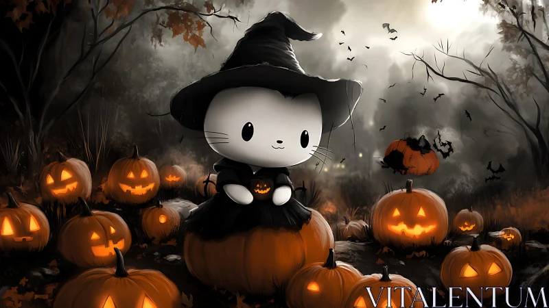 Cat in witch costume sits among lit jack-o’-lanterns