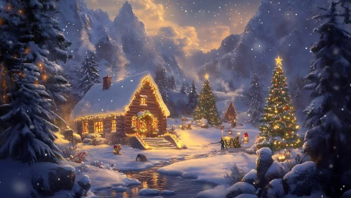 Snowlit cabin glows under storybook Christmas mountainscape.