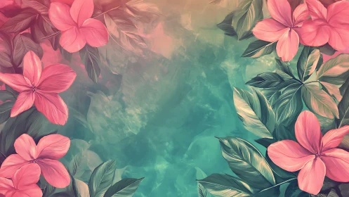 Pink Flowers Frame a Dreamy Sky with Lush Green Leaves.