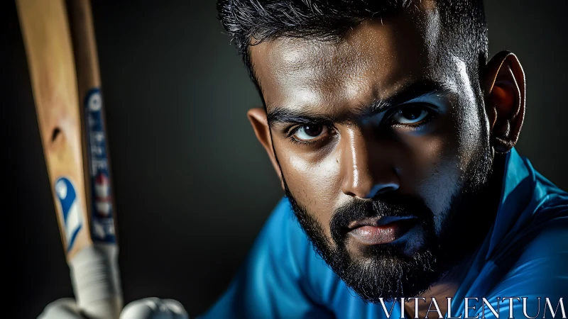 Intense low key portrait of focused male cricket batsman