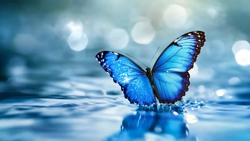 Photorealistic blue morpho butterfly poised on liquid mirror surface.