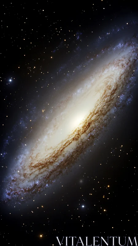 Spiral galaxy core with luminous dust lanes in deep space.
