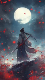Lone samurai quietly greets the moon amid drifting petals