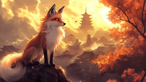 Golden fox spirit watches over a peaceful autumn temple valley