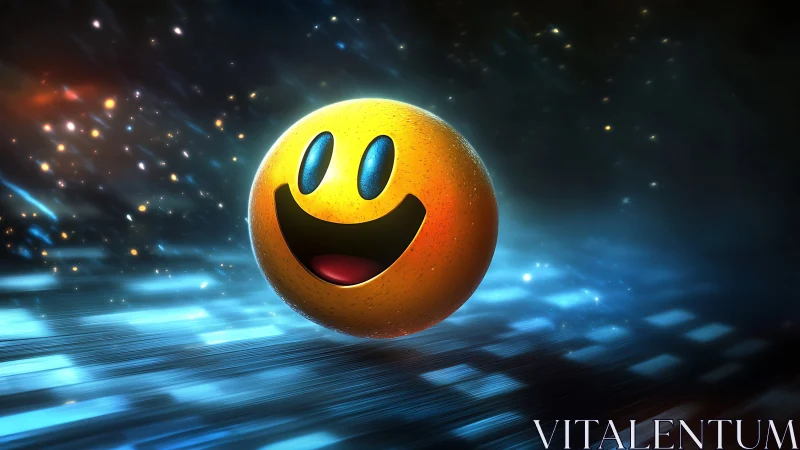 Glowing smiley sphere soars through a neon cosmic stream
