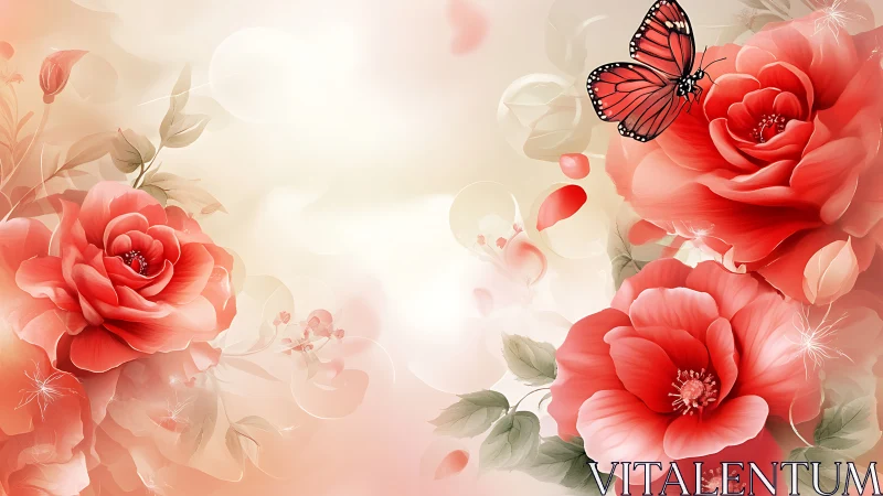 Floral composition with roses, butterfly, and soft bokeh background.