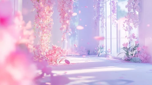 Sunlit pastel floral corridor with cascading blossoms in bloom